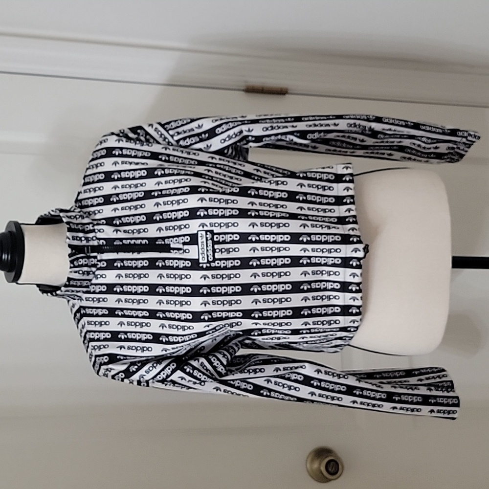adidas Black and White Logo Stripe Long Sleeve Crop Top